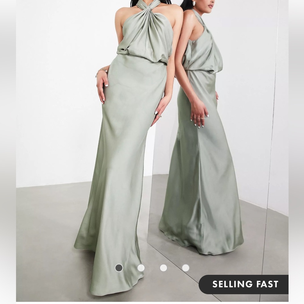 ASOS Design, sage green silk high neck, perfect wedding guest or bridesmaid
